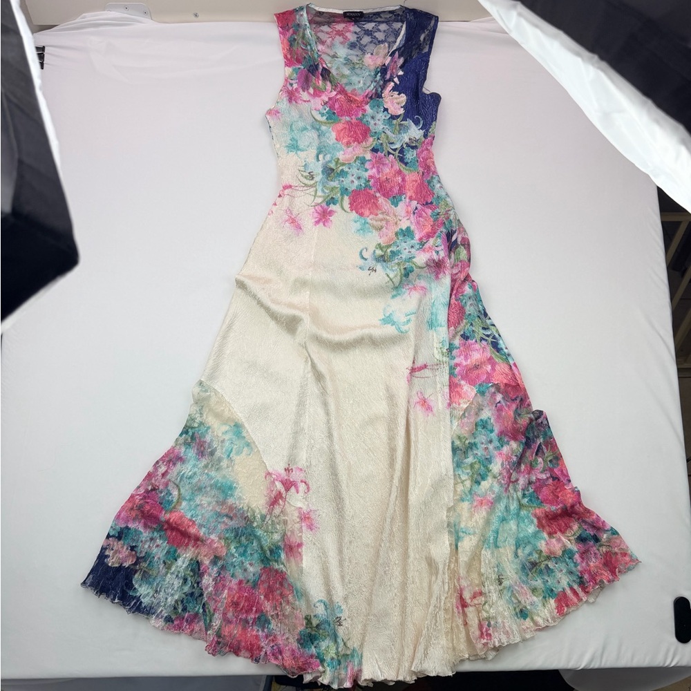 Komarov Floral Lace Maxi Dress Crinkle Satin Corset Back Cottagecore Romantic SM - Picture 9 of 15
